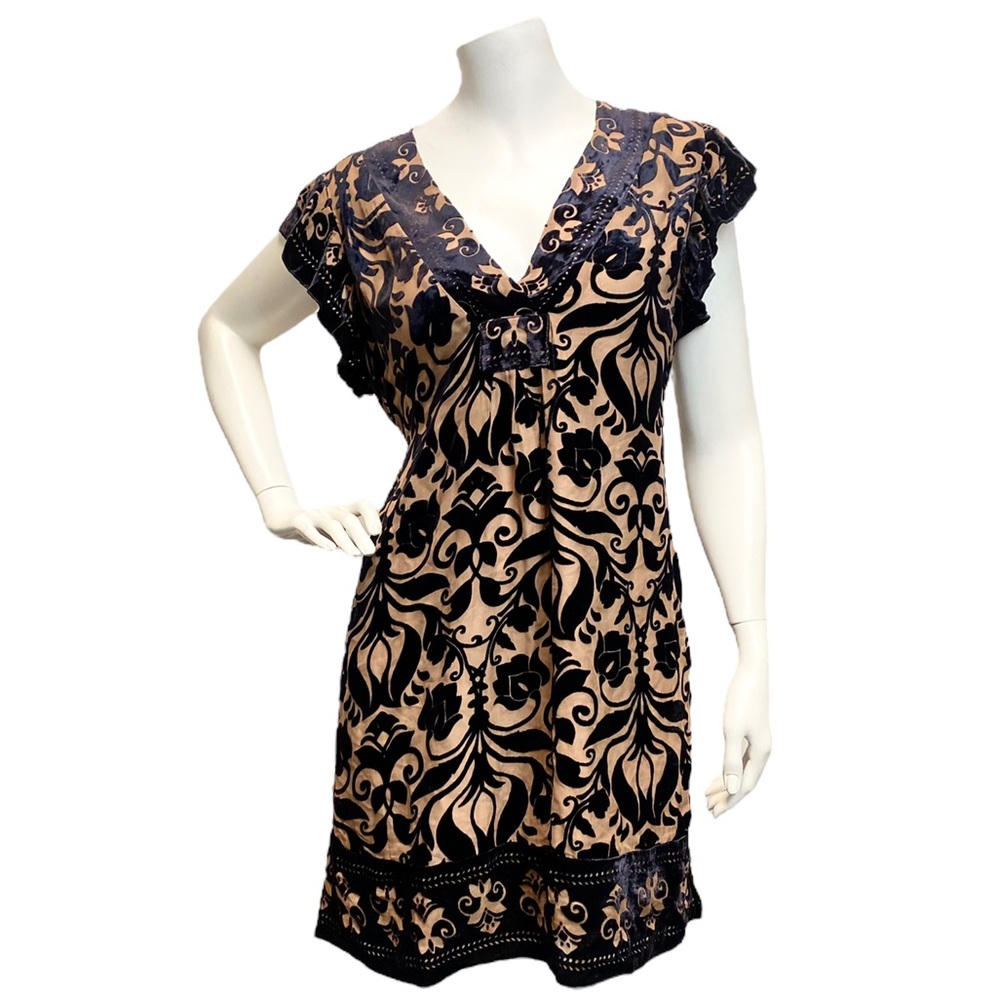 Vintage Hale Bob Small Silk V Neck Velvet Burnout Tie Shoulder Black Brown Dress